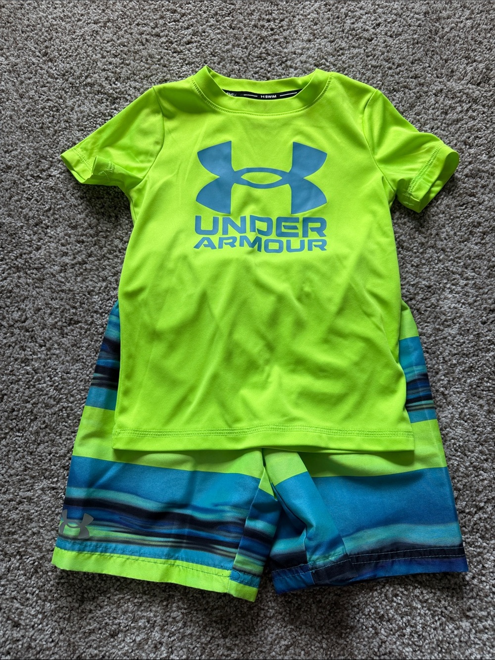 Under Armour Neon Green and Blue Boys' Swim Rashguard Set